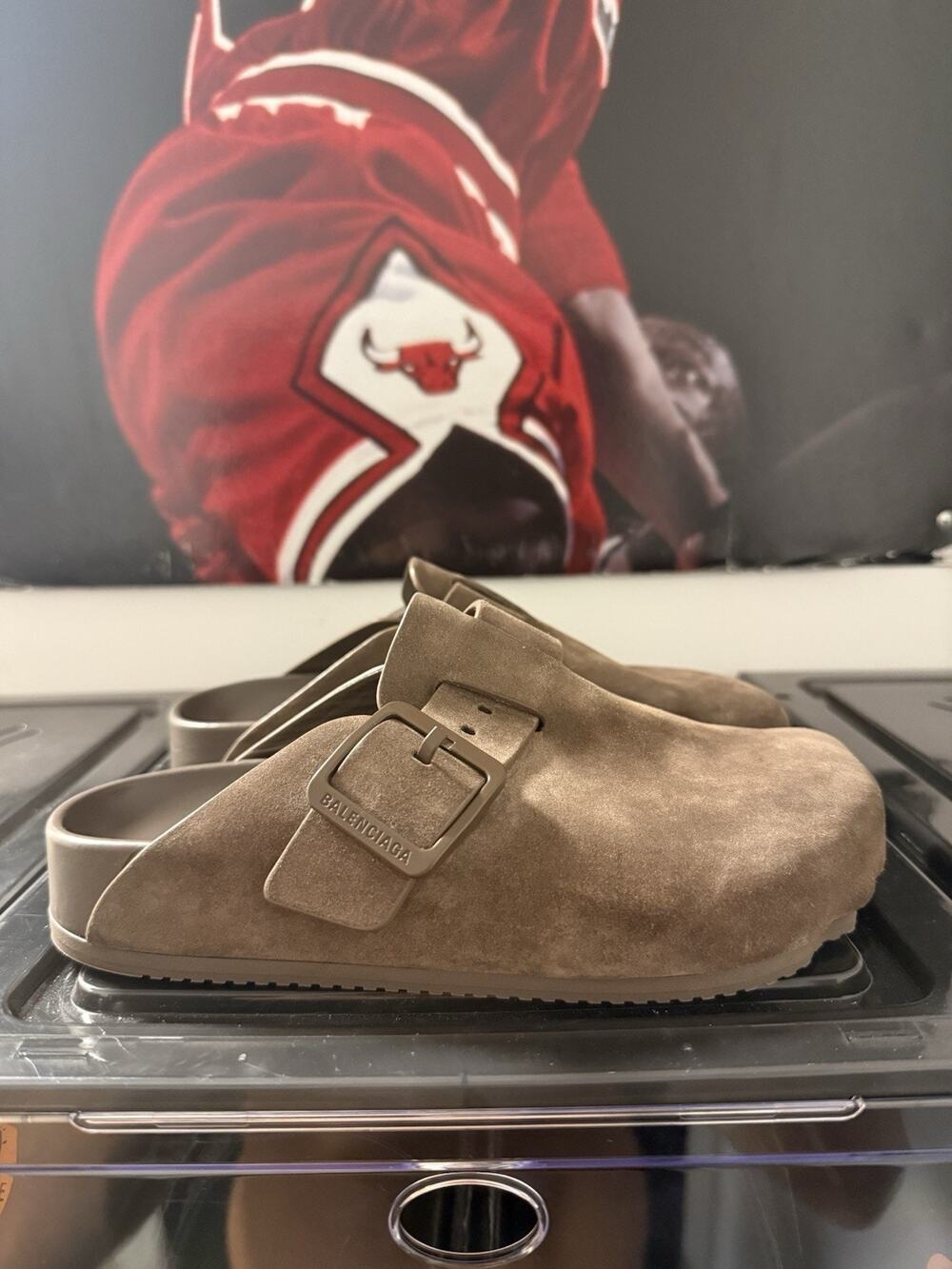 Balenciaga Women’s Suede Buckle Mule Clogs Taupe Brown US 5 EU 35